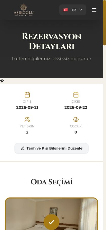 Aşıkoğlu Hotel gerçek rezervasyon arayüzü ekranı